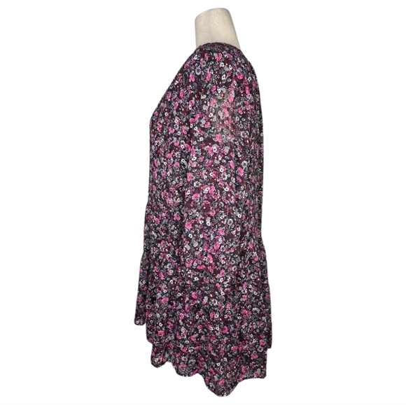 Zara Black Pink Floral Long Sleeve Tiered Mini Dress Size M Boho Cottagecore - Picture 3 of 7